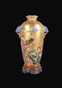 A Rare Enamel carving Golden Ground Flower and Bird Pattern Lion-Ears Mei Vase