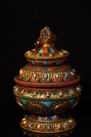 A Rare Beeswax Chasing Filigree Inlaid Dzi Bead Gemstone Treasure Jar
