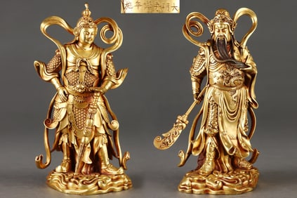 A Rare A set of red copper body gilt Guan Gong and Skanda standing statues