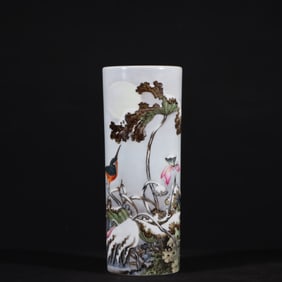 A Rare Enamel Snowscape Lotus Pattern Brush Pot