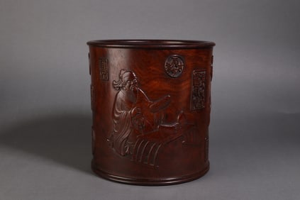 A Rare Huali Wood Figure Story Pattern Brush Pot