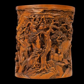 A Rare Yellow Wood Carved Character Story Ink Pot
