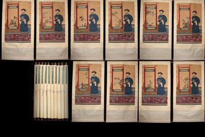 A set of Chinese Vertical Scroll Ink Painting of flower and bird on Silk