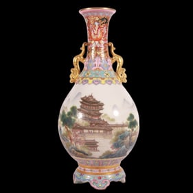 A Rare Famille-Rose Flower and Landscape Pattern Double-Ears Vase,With poem