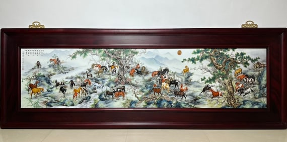 A Rare Hundred Horses Painting Inscribed Poems Porcelain Panel