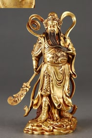 A Rare Red copper body gilt Guan Gong standing statue