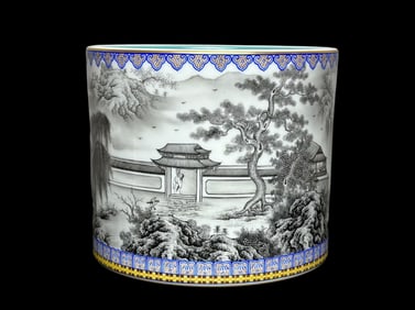 A Rare Ink Color Gilt Inscribed Poems Landscape Pattern Brush Pot