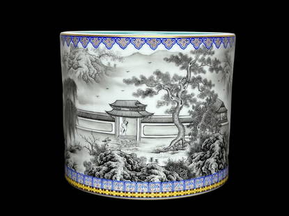 A Rare Ink Color Gilt Inscribed Poems Landscape Pattern Brush Pot: A Rare Ink Color Gilt Inscribed Poems Landscape Pattern Brush Pot,Qing Dynasty, China,Yongzheng Six-character Mark,Size:6.4inx7.3in &#22696;&#24425;&#25551;&#37329;&#39064;&#35799;&#23665;&#27700;&#32