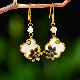 A Exquisite Sliver Inlaid Hetian Jade Enamel Flower Pattern Earring