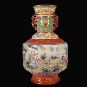 A Rare Famille-Rose Carved Gilt Figure Pattern Double-Ear Vase