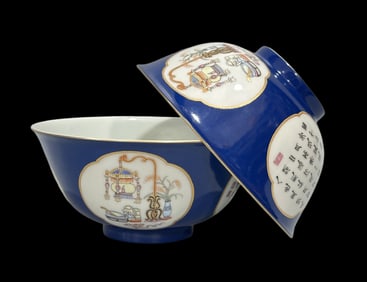 A pair of Rare Enamel Blue Glazed Story Pattern Bowl,With poem