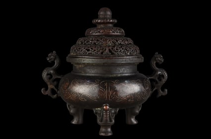A Rare Red Copper-body Inlaid Silver-wire Taotie-pattern Double-handle Incense Burner