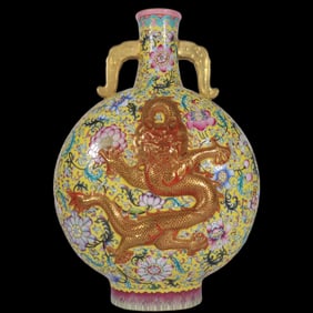 A Rare Famille-Rose Yellow Ground Outline in gold Lotus and Dragon and Phoenix Pattern Double-Ears