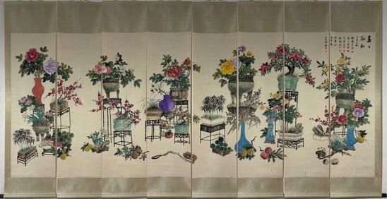 A Set of A Rare Chinese Vertical Scroll Ink Painting of Flower