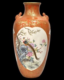 A Rare Yangcai Coral Red Glazed Outline in gold Flower and Bird Pattern Double-Ears Vase,With poem