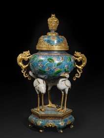 A Rare Cloisonné Three-Crane Incense Burner