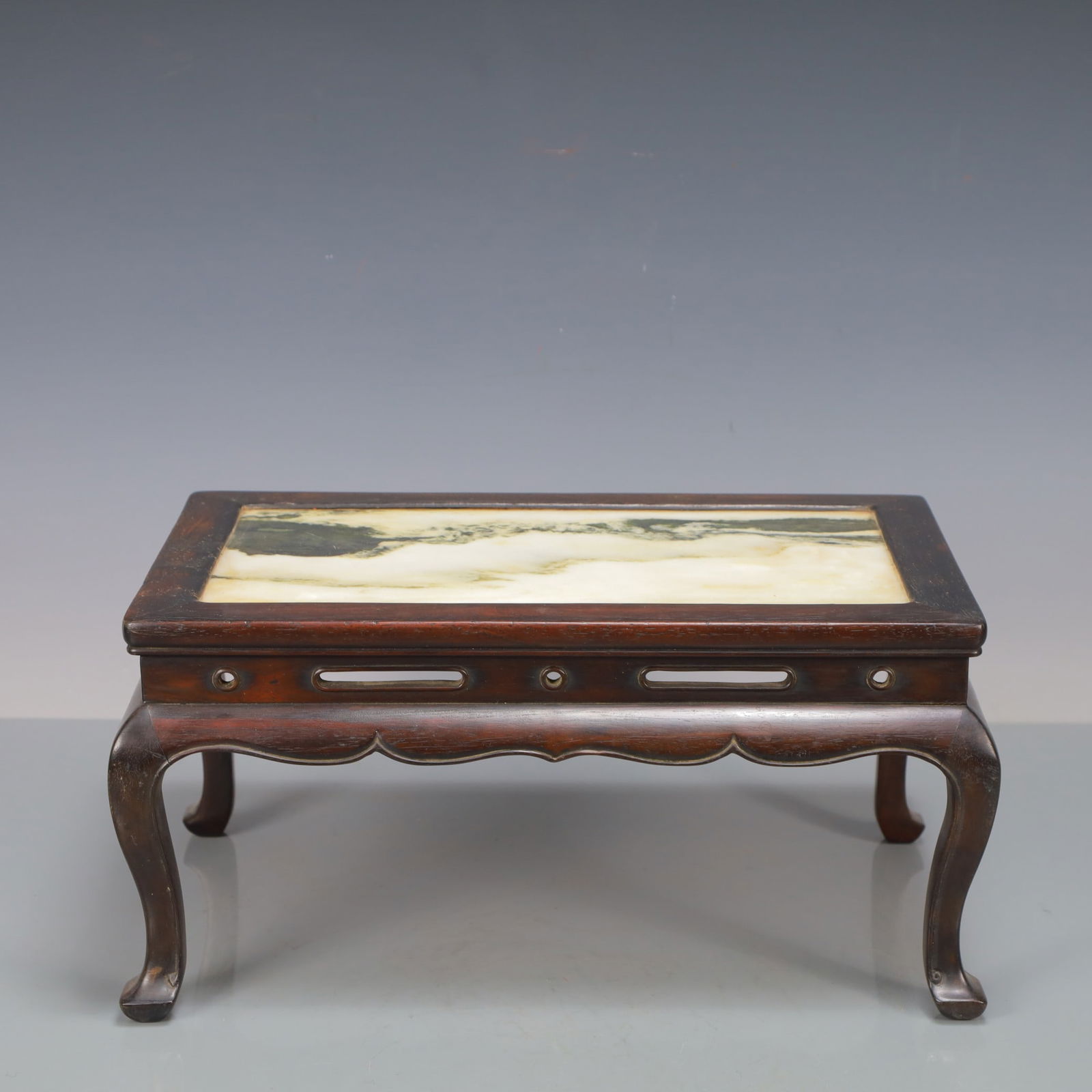 A Rare Zitan Inlaid Cloud Stone Table: A Rare Zitan Inlaid Cloud Stone Table,Qing Dynasty, China,Size:13.4inx8.3inx6.3in Weight:1800g 紫檀嵌云石桌,中国清代