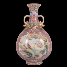 A Rare Enamel Ruby Red-GlazedLotus and Bird Pattern Double-Ears Vase
