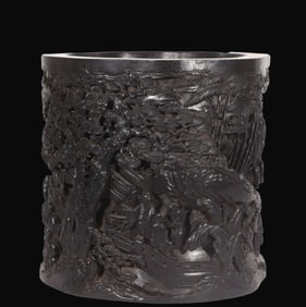 A Rare Red sandalwood relief figure story pattern brush pot