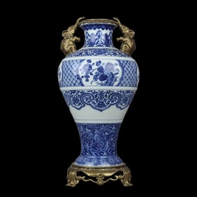 A Rare Blue and White Interlaced Lotus Pattern with Copper Elephant Double-Eared Vase
