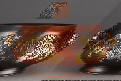 A Rare Red Copper-body Gilt Animal-pattern Double-handle Incense Burner