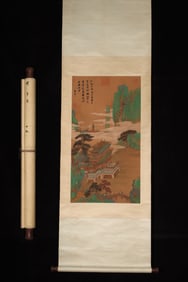 A Chinese Vertical Scroll Ink Painting of Landscape on Silk