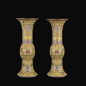 A Pair of Rare Yellow Ground Famille Rose Passion Flower Pattern Vase