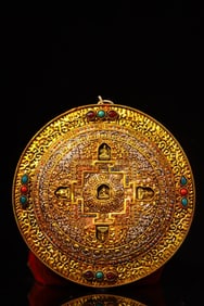 A Rare Tibetan Silver Chasing Inlaid Gemstone Thangka
