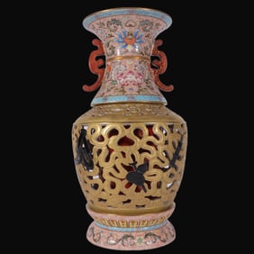 A Rare Famille-Rose Golden Ground Hollow Eight Treasures Pattern Revolving Vase