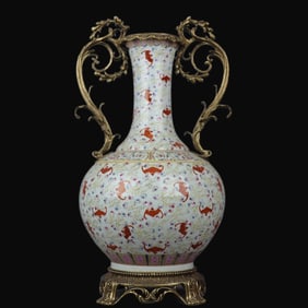 A Rare Famille Rose Longevity and Happiness Pattern Copper-Lace Double-Eared Vase