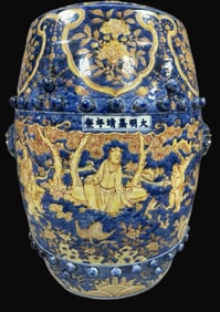 A Rare Blue and White Yellow Ground Figures Pattern Pier