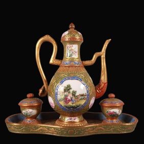 A Set of Rare Famille Rose Carved Gilt Figure Pattern Pots