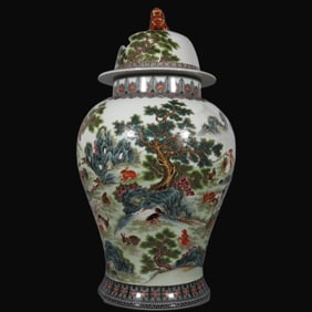 A Rare Famille-Rose Ink Color Landscape and Rabbit Pattern Jar