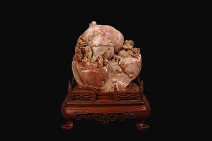 A Rare Shoushan Stone Carved Landscape and Figure Ornament