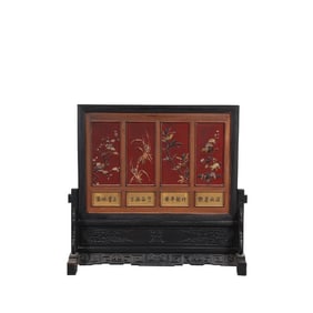A Rare Red sandalwood lacquer inlaid with precious treasures and four seasons pattern screen