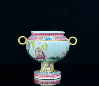 A Rare Famille-Rose Landscape and Figures Pattern Double-Ears Stem Brush Washer,With Inscription