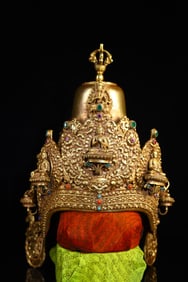 A Rare Tibetan Silver Chasing Gilt Inlaid Gemstone Crown
