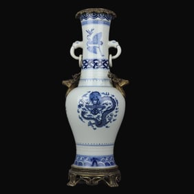 A Rare Blue and White with Copper Inlaid Deer Head Double-Eared Vase