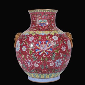 A Rare Famille-Rose Rouge Red Interlaced Lotus Pattern Lion-Ear Vase