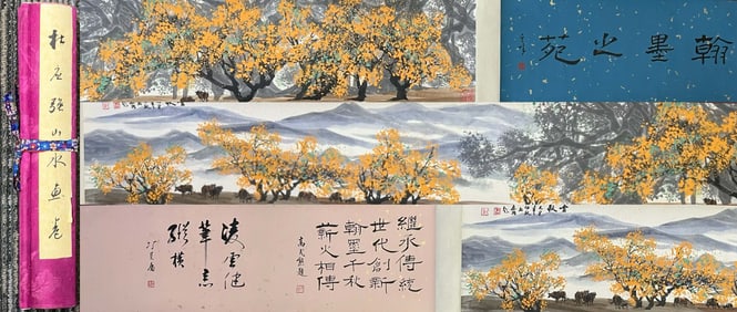 A Chinese ink wash paper scroll landscape hand scroll