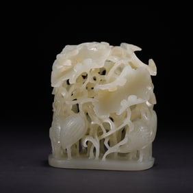 A Rare Hetian Jade Seed Flower and Bird Censer Finial