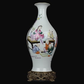 A Rare Famille Rose with Gold Tracery Figure Pattern Copper-Edged Vase
