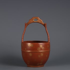 A Rare Coral Red Base Gilded Flower Pattern Lifting Beam Bucket