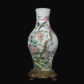 A Rare F ???? Flower and Bird Pattern with Copper Base Vase