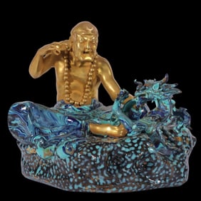 A Rare Robin's-Egg-Glazed Cover with Gold Statue of Arhat