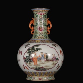 A Rare Famille-Rose Gilt Flower and Figure Pattern Double-Ear Vase