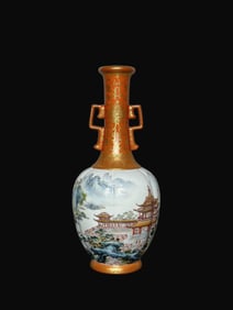 A Rare Iron-Red Gilt Landscape Pavilion Pattern Double-Ear Vase