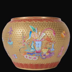 A Rare Enamel Golden Ground carving Bogu Pattern Brush Washer