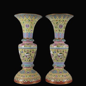 A Pair of RareFamille-Rose Yellow-Ground Interlaced Lotus Landscape and Figure Pattern Vase