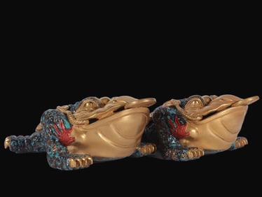 A pair of Rare Robin's-Egg-Glazed Outline in gold Golden Toad Ornament